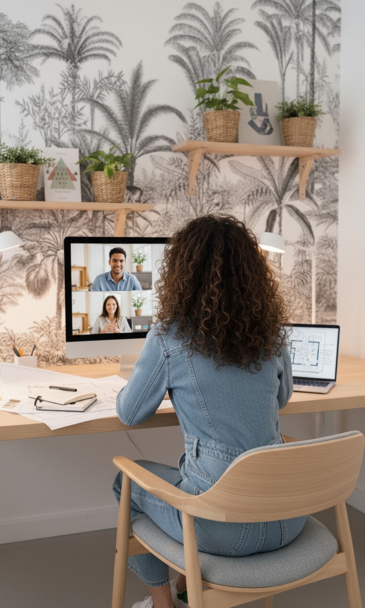Maïna en rendez-vous visio avec des clients, un plan de maison affiché à l'écran