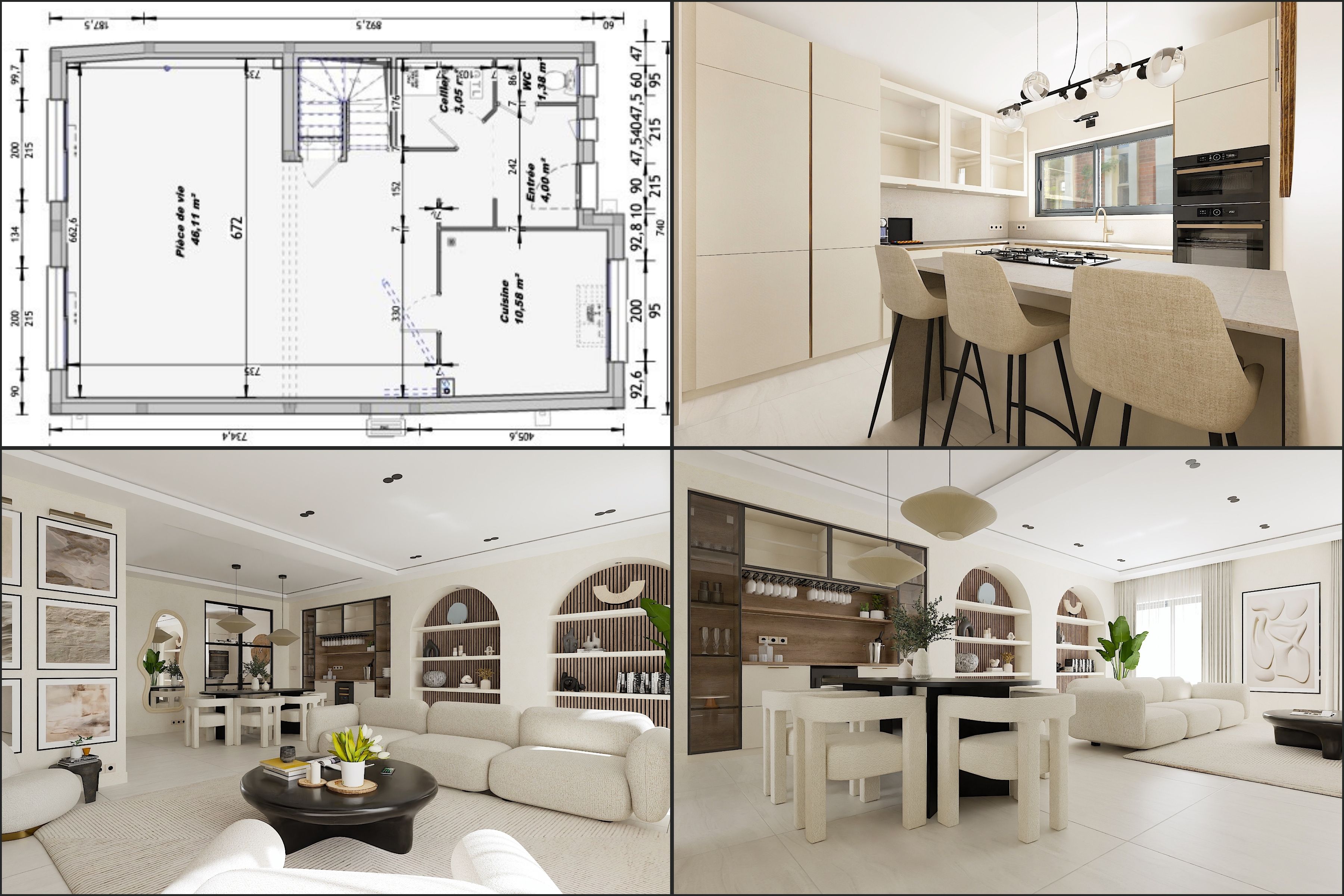 Plan 2D et projection 3D cuisine et séjour — projet maison Namélya