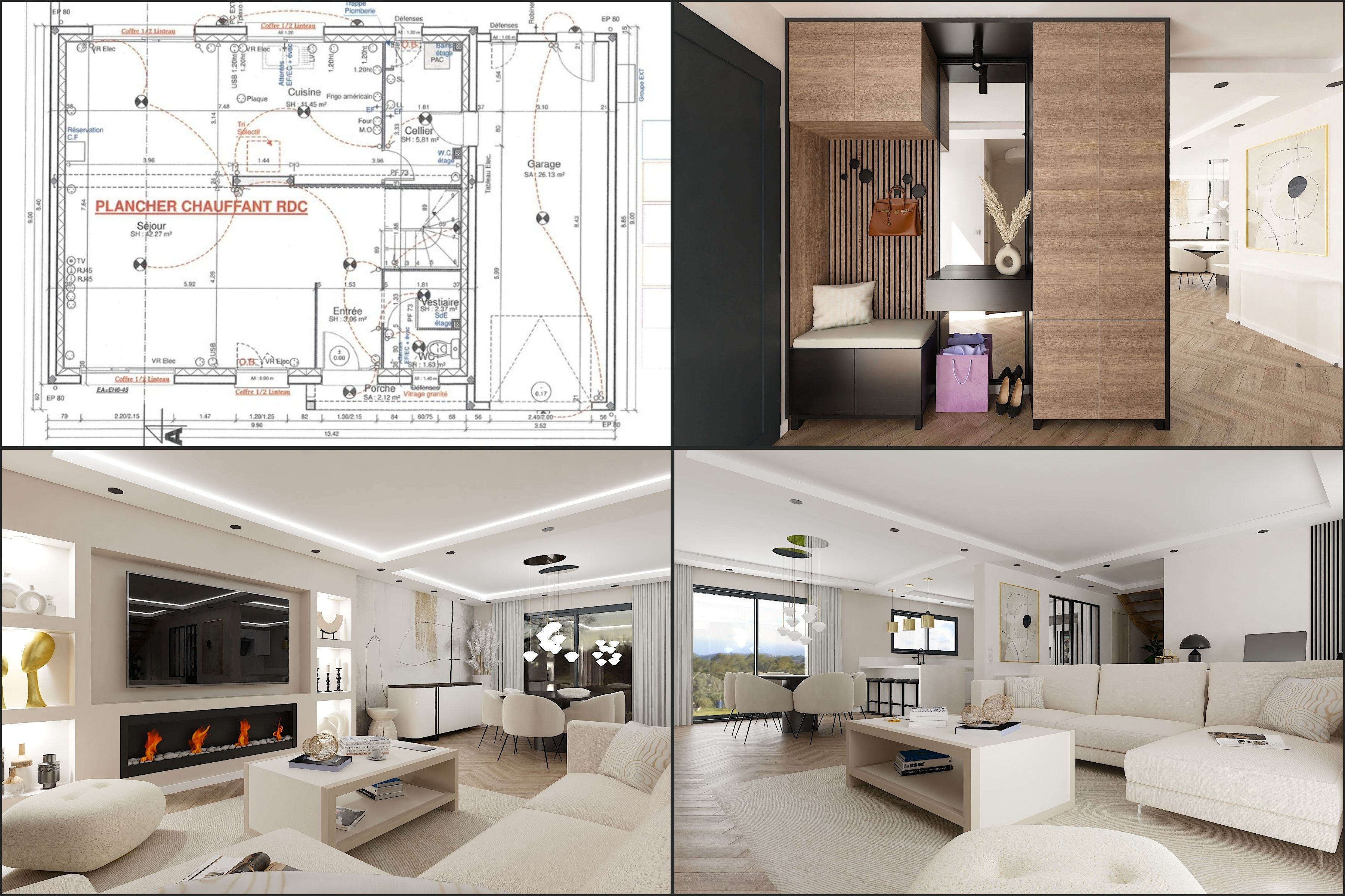 Plan technique et projection 3D entrée et salon — projet maison Namélya